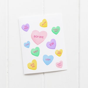 Carte Anti-Saint-Valentin | Conversation Hearts Candy Illustration, Sweethearts Funny Card pour lui ou elle, Sassy Sarcastic Card