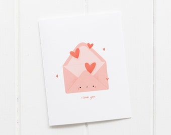 Valentine's Day Card | I Love You, Je T'aime, Cute Envelope Illustration with Hearts, Hand Drawn Love Card, Love Letter Card