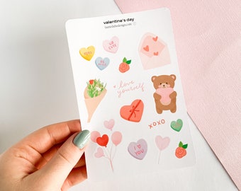 Valentine's Day Sticker Sheet | Candy Hearts, Love Stickers, Self-Love Sticker Sheet, Cute Cozy Bullet Journal Stickers, Planner Stickers