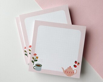 Memo Pad | Tea Party 4x4 Notepad with Cute Illustrations, Blank To Do List, Desk Organizer, 50-page Notepad