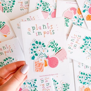 Cute Plants in Pots Sticker Pack - 4 flocons d’autocollants botaniques découpés, cadeau amoureux des plantes, dame végétale, bullet journal, autocollants d’ordinateur portable
