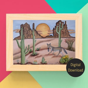 Coyote Caught Roadrunner Desert Cactus Nature Landscape Oil Painting, Instant Digital Download, JPG , Nature Lover Gift