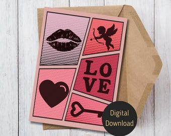 Carte imprimable Pop Art Saint-Valentin, 15 x 7 pouces, téléchargement immédiat, 1 JPG et 1 PDF