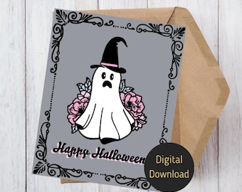 Roze Happy Halloween-spook met bloemen afdrukbare kaart, 1 jpg en pdf, 5 x 7 inch, direct downloaden