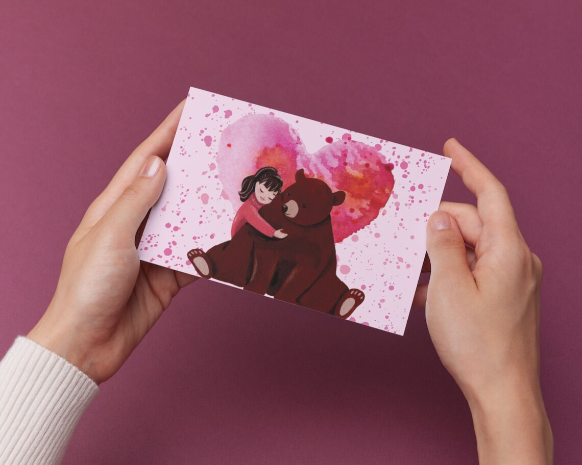 Printable Bear Hugs Love Card With Girl Hugging Brown Bear, Mother's ...