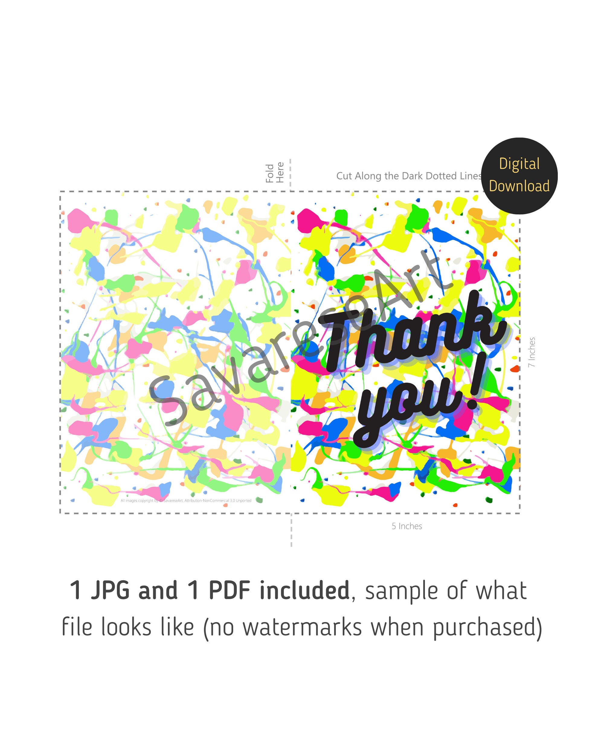 Thank You Neon Splatter Paint Card, 5x7 Inches, Instant Download, 1 JPG ...