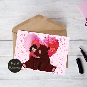 Printable Bear Hugs Love Card With Girl Hugging Brown Bear, Mother's ...