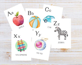 Watercolor Alphabet Flash Cards • Educational • ABC • Homeschool • Printable • Illustrations