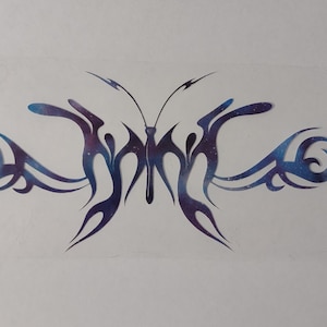 Tribal Butterfly custom design iron on decal for t-shirts etc.. Meteor Sky Blue heat transfer vinyl decal. Colors of blues, purple and white