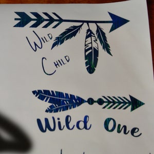 Wild One/Child Vinyl Decal: Blue Laser Shimmer, Feather Arrow