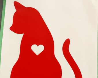 Red Cat with Heart Vinyl Decal, Car, Laptop, Mug