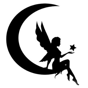 May include: A black silhouette of a fairy sitting on a crescent moon, holding a star in her hand.