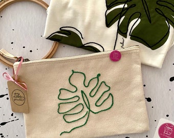 Handbestickte beige  Tasche mit MONSTERA , one line art, Baumwolle , Beautybag mit Stickerei, Geschenk für Freundin, Mutter , Oma