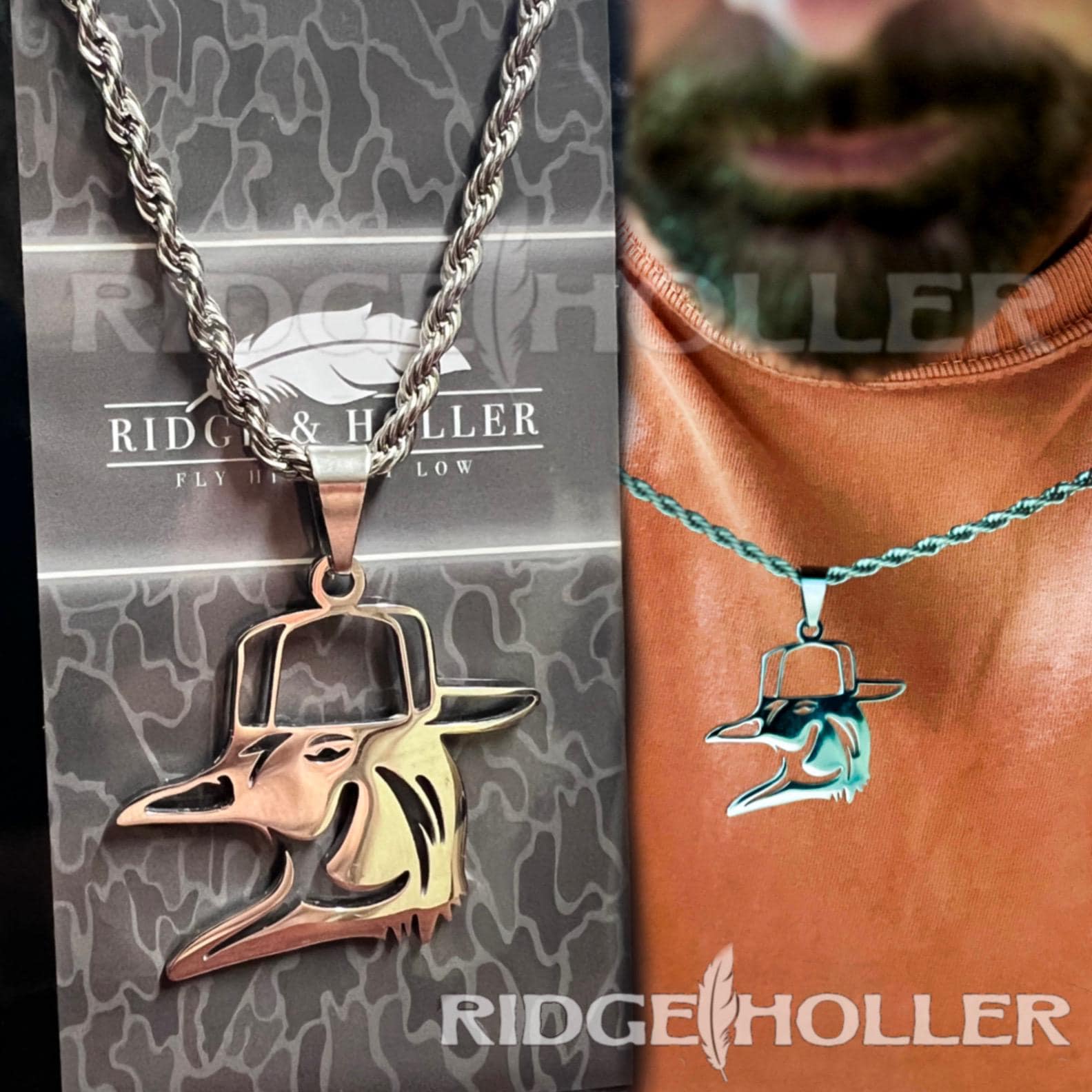 Necklace// Wood Duck/ Stainless Steel Pendant and Necklace// Stainless Steel// Farm/ Duck Hunting// Hunting// Wood Duck with Backwards Hat