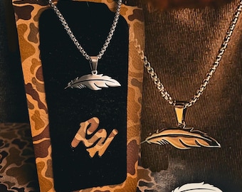 Necklace// Feather Stainless Steel Pendant and Necklace// Stainless Steel// Farming// Duck Hunting// Hunting// country/