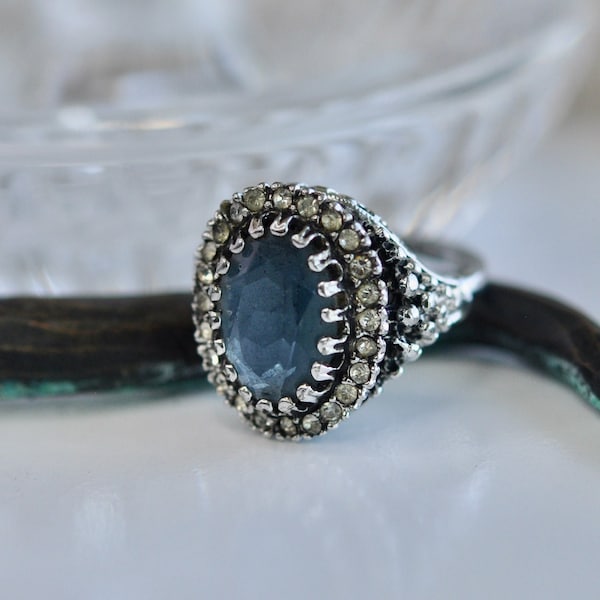 Sapphire Blue Crystal Stone HGE Dome Ring Size -7