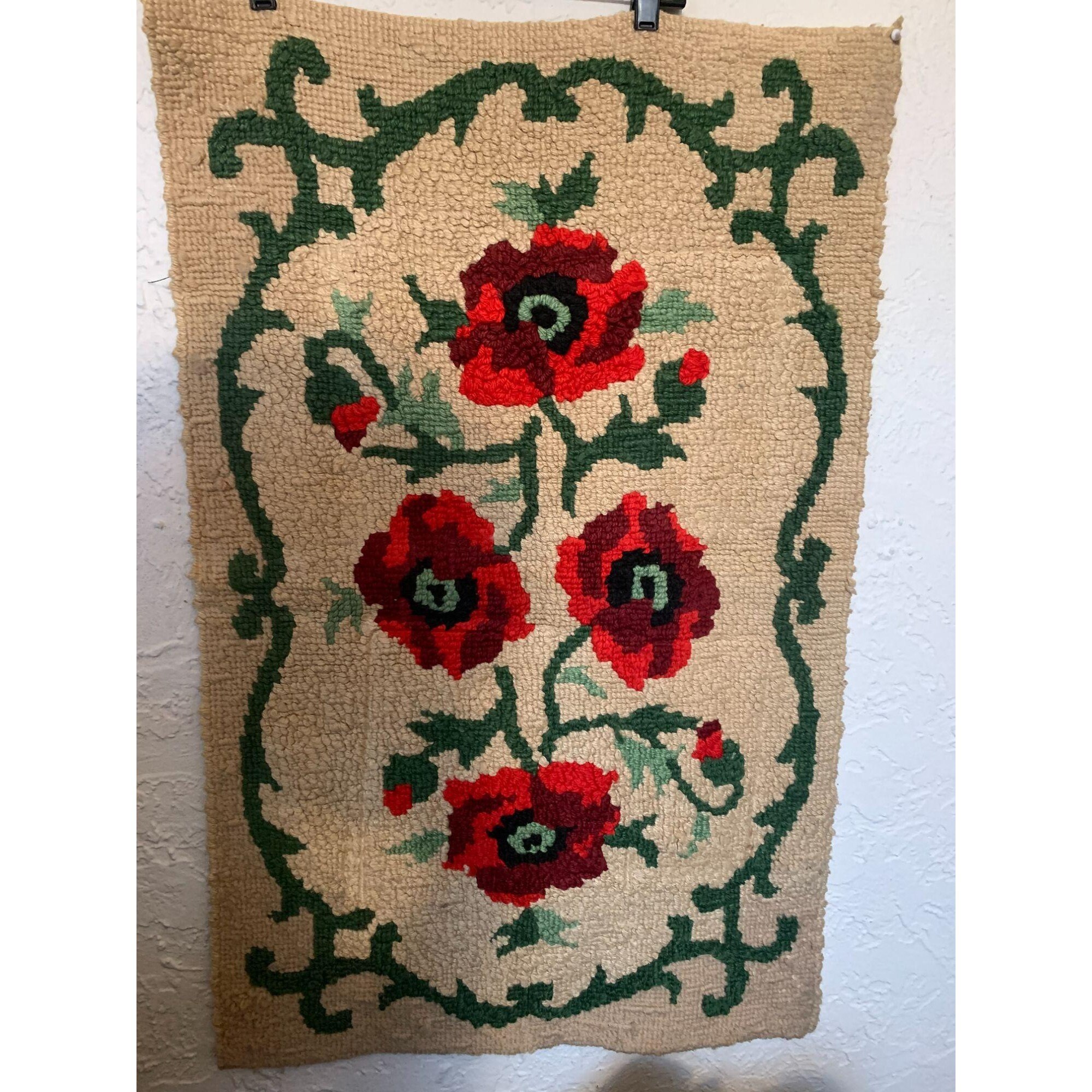 Vintage Hand Hooked Wool RUG POPPIES FLORAL 24 x Etsy