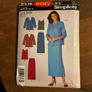 May include: A sewing pattern for a women's skirt and jacket set. The pattern is for sizes 10-22 and includes instructions for making a blue skirt and jacket, a red skirt and tank top, and a blue and white striped tank top. The pattern is from Simplicity and is labeled "It's So Easy".