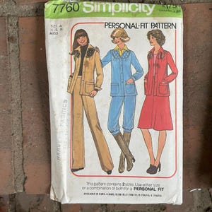 May include: A vintage Simplicity sewing pattern, number 7760. The pattern shows illustrations of three women in different outfits: a tan pantsuit, a blue jumpsuit, and a red skirt suit. The text "PERSONAL-FIT PATTERN" and size details are included.