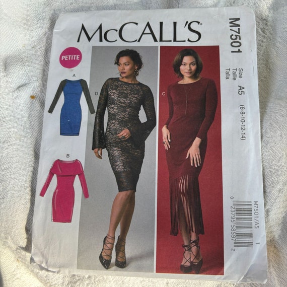MCCALL'S M7501 Bodycon DRESS Pattern A5 6-14 PETITE Uncut