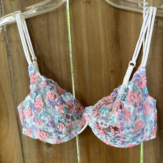 Vintage 80s JACLYN SMITH Sheer Unlined Multicolor Floral Lace BRA