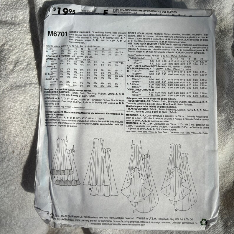 MCCALL'S M6701 Boned Long Gown Hi Lo Ruffled PAGEANT Pattern E5 14-22 ...