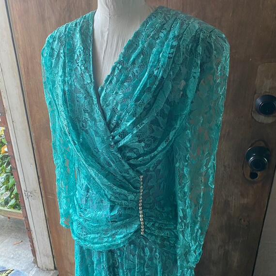 Vintage 80s  A LA CARTE Draped Seafoam Lace Dress… - image 1