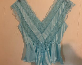 Vintage 80er Jahre ALANA GALE Blau Shiny Nylon Sheer Lace Teddy M nwot Coquette