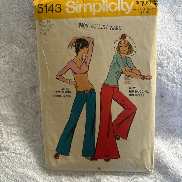 Vintage 70s SIMPLICITY 5143 Hip Hugger Bell Bottom JEANS size 14 28" waist