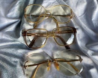 Vintage 70s Big Beige EYEGLASS FRAMES Lot of 3 BerDel Eyetel Multi-facets