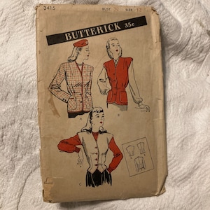 May include: Vintage sewing pattern for a women's jacket or vest. The pattern is from Butterick and is size 12, bust 30. The pattern is 35 cents. The pattern shows three different styles of jackets or vests.