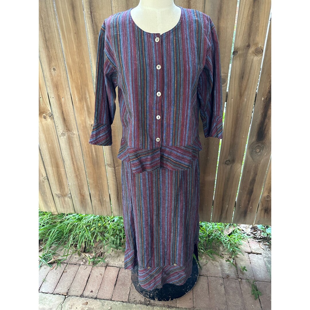 LIZ and JANE Clothes Lagenlook Top Maxi Skirt SET Striped Linen Cotton