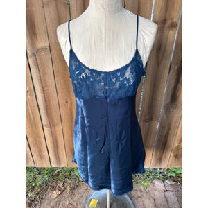 Vintage 80s VAL MODE Teal Liquid  Satin Shorty GOWN Lace M