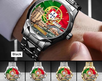 Montre personnalisée avec cadran Portugal, nom personnalisé Lisbonne Porto, cadeau Portugal pour lui, montre souvenir de voyage