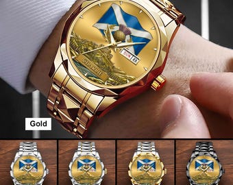 Montre-bracelet personnalisée avec drapeau de l'Écosse avec emblème du chardon, cadeau du patrimoine écossais, montre personnalisée avec nom pour homme, fierté de l'Écosse