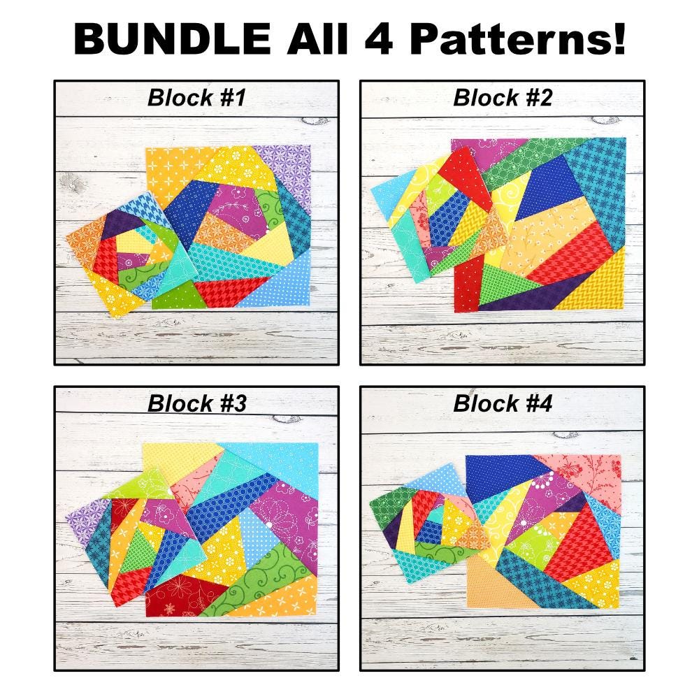 Bundle - Crazy Quilt FPP blocks; 4 designs in 7 sizes; Foundation Paper Piecing; Easy Quilt; Bundle Discount; 8 1/2"X11" & A4 paper size