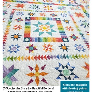 May include: A white quilt with a colorful star pattern, featuring a large central star and numerous smaller stars in various colors. The quilt measures 94 x 94 inches (Queen Size) and 66 x 66 inches (Throw Size). The text "Cosmos Stars" is at the top.