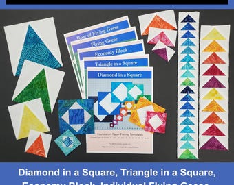 8.5X11 - Bundle of 5 FPP Patterns; Diamond in a Square; Economy Block; Flying Geese; Triangle; Row of Flying Geese; Foundation Paper Piecing