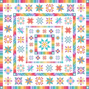 Könnte beinhalten: Ein farbenfrohes Quilt mit Sternmuster in Türkis, Orange, Rosa und Gelb auf weißem Hintergrund. Es hat einen Regenbogen-Streifenrand und ein geometrisches Design mit verschiedenen Sternformen.