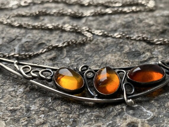70s Baltic Sea Ambers Pendant 925 Silver Chain Nec