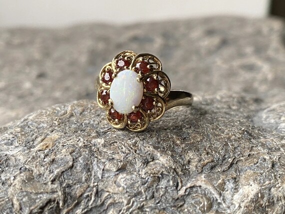 70s Vintage Opal Red Garnets Floral 9k Gold Ring