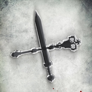 May include: A black metal sword with a decorative handle, crossed with another sword, against a gray textured background.