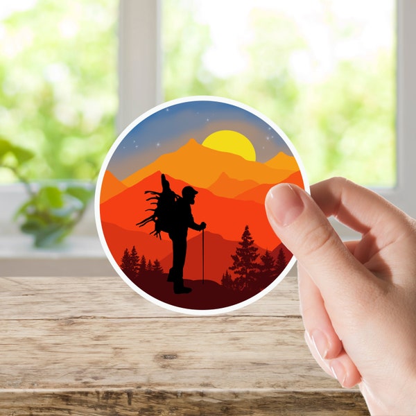 Sunset Mountain Elk Hunter Packing Out Circle Vinyl Sticker - Decal Matte Sticker for Water bottle, Laptop and Phone Cases