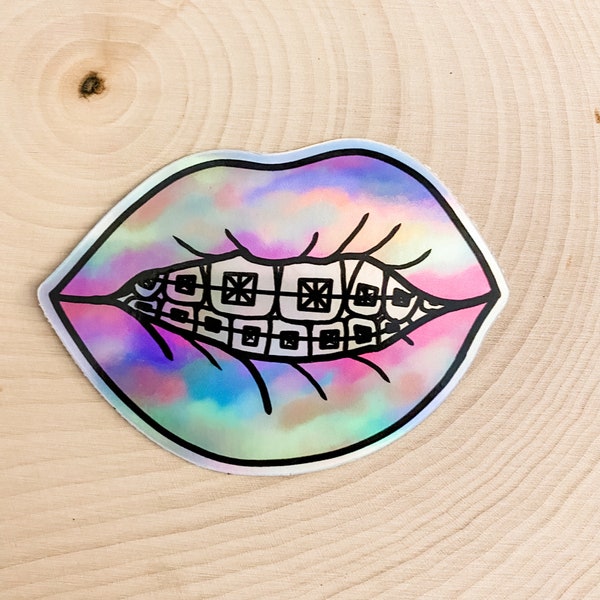 Tie Dye Lips, Braces Teeth Holographic Sticker - Decal Sticker for Water bottle, Laptop and Phone Cases