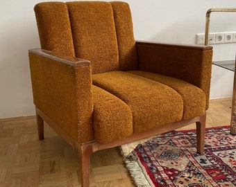 One of Two Luxury Vintage Wooden Cushioned Lounge Chairs from 1970s - Amber Brown Color - Sold Individually