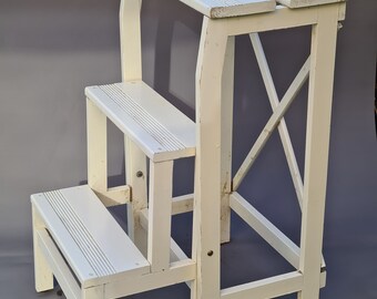 Beautiful Solid White Wooden Stool with Pull-Out Step - 74 cm Height