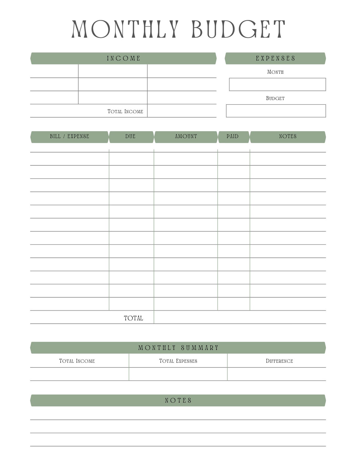 Monthly Budget Digital & Printable Financial Planner Page Simple and