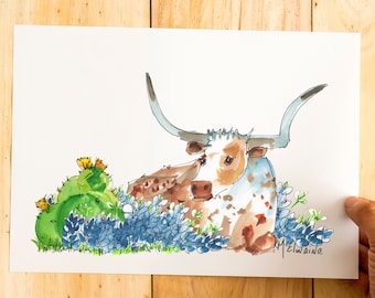 Texas Longhorn Fine Art Print 16x12 - Gift for Mom, Gift for Daughter, Gift for Grandmother, Gift for Sister, Gift for Aunt