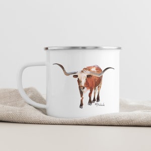 Texas Longhorn Kaffee Emaille Tasse, Teetasse - Geschenk für Papa, Geschenk für Ihn, Geschenk für Freund, Geschenk für Mann - Texas Fine Art