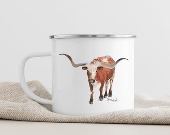 Texas Longhorn Coffee Enamel Mug, Tea Cup - Gift for Dad, Gift for Him, Gift for Boyfriend, Gift for Husband - Texas Fine Art